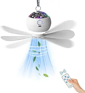 Portable LED Ceiling Fan with Lights & Starry Projection – Rechargeable 3600mAh Camping Fan with Remote, Timer, and Hanging Hook – Ideal for Tents, Cars, RVs, and Emergency Kits (Fits 1–2 People)