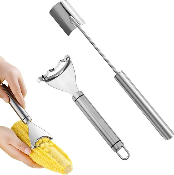 2-Piece Corn Peeler Set with Long and Short Handles – Durable Stainless Steel Corn Strippers for Raw and Cooked Corn – Essential Kitchen Tools for Home, BBQ, and Restaurant Use