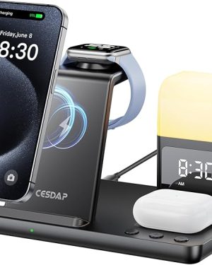 6-in-1 Wireless Charging Station for Apple Devices — Compatible with iPhone 13, 14, 15, and 16, Apple Watch, and More | Features Alarm Clock and Night Light | Perfect Nightstand Accessory