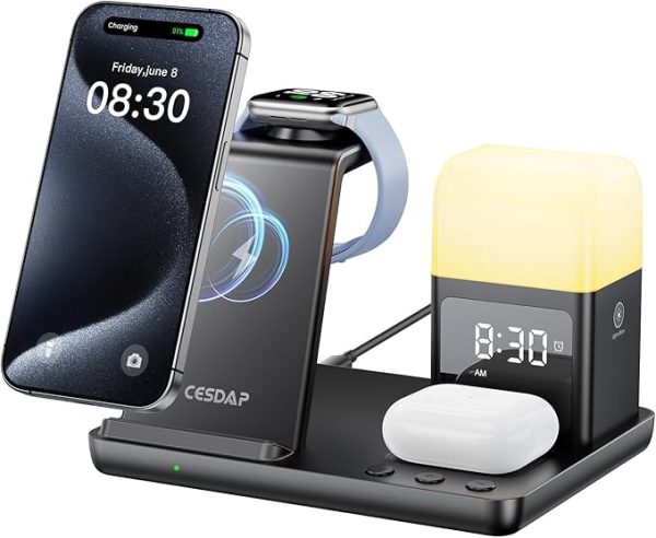 6-in-1 Wireless Charging Station for Apple Devices — Compatible with iPhone 13, 14, 15, and 16, Apple Watch, and More | Features Alarm Clock and Night Light | Perfect Nightstand Accessory