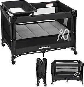 ANGELBLISS Baby Bassinet Bedside Crib – Pack and Play with Mattress, Diaper Changer, and One-Push Setup Playard for Infants to Toddlers (Black)