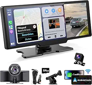 10.26-Inch Wireless Portable CarPlay Screen – Car Touch Stereo with CarPlay & Android Auto, 4K Dash Cam, Backup Camera, Bluetooth, and GPS Navigation