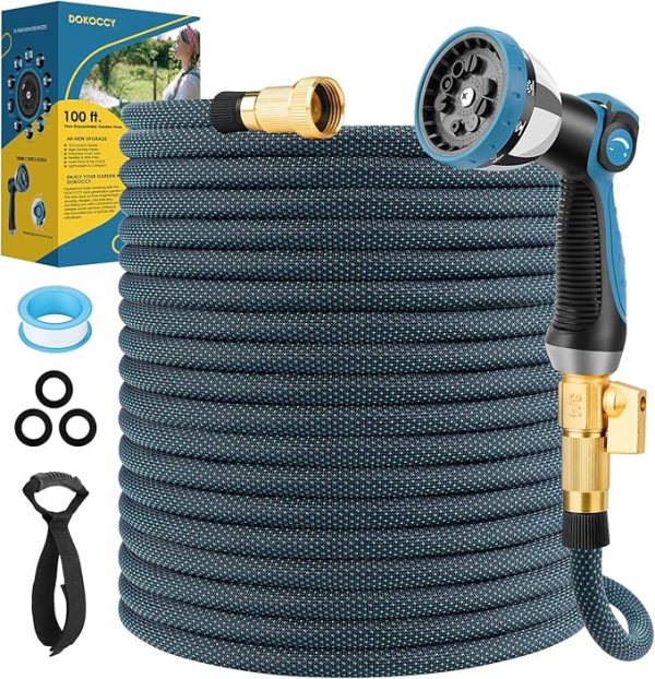 100 ft Non-Expanding Garden Hose – Flexible, Lightweight, and Durable with 10-Function Spray Nozzle, Leak-Proof & Kink-Resistant Design, 3/4 Inch Connector, and Convenient Portable Storage Strap