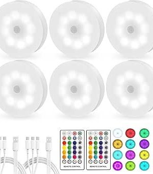 LED Puck Lights with Remote – 16 Color Options, USB Rechargeable, Battery Operated – Dimmable & Timer Function – Perfect for Closets, Bedrooms, Under Cabinets, Parties, Halloween Decor (6-Pack)