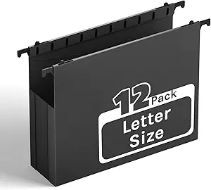 Ansook Extra Capacity Hanging File Folders – Letter Size, 12-Pack, Black Keep your documents organized with these heavy-duty hanging file folders. Designed to fit standard filing cabinets, each folder features an upgraded 2-inch expandable accordion pocket for extra storage. Made from durable, hard plastic, these folders offer long-lasting use and reliable organization. Perfect for office, home, or school filing systems.