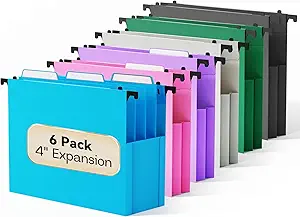 Heavy-Duty Plastic Hanging File Folders, 6-Pack – Extra Capacity 4" Expandable Pockets with Movable Dividers, Letter Size – Large Colorful Folders for Filing Cabinets – Adjustable Tabs – Ideal for Bulky Documents