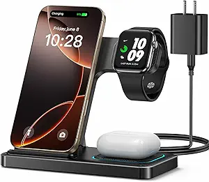 DUMTERR 3-in-1 Wireless Charging Station for Apple Devices – Compatible with iPhone 16/15/14/13/12/11/XR/8, Apple Watch Series 10/9/Ultra/8/7/SE/6/5/4, and AirPods Series.