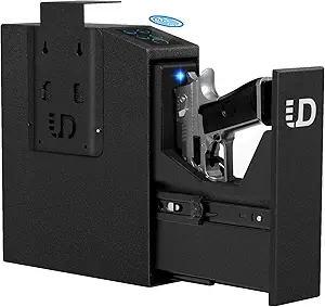 Urban Deco Biometric Handgun Safe – Quick Access Pistol Safe with Sliding Door | Wall, Desk, Nightstand, Bedside, and Vehicle Mountable | Secure Gun Storage with Fingerprint, PIN Code & Key Access