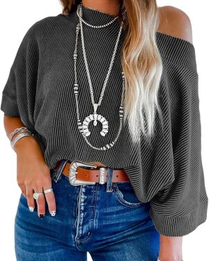 EVALESS Women's Off-the-Shoulder Top – 3/4 Sleeve Boat Neck Shirt, Stylish One-Shoulder Blouse for Spring & Summer 2025