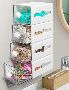 Q-tip Holder for Bathroom Wall Organizer – Stylish Bathroom Decor, Dorm Room Must-Have, Compact Dispenser for Cotton Swabs, Balls, Pads, and Floss Picks – Ideal for Office Storage and Vanity Makeup Organization (4-Pack)