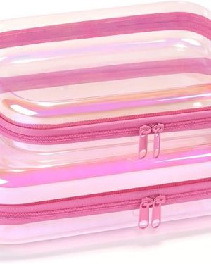 Toiletry Bag – Set of 2 Water-Resistant Clear Iridescent Hard Shell Zipper Cases, Quart Size Cosmetic Organizers for Bathroom and Travel, Portable Storage for Women and Girls