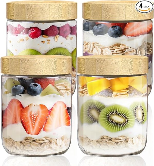Set of 4 – 16oz Glass Overnight Oats Jars with Bamboo Airtight Lids