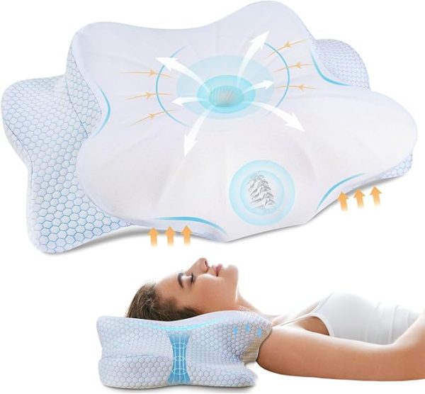 Ergonomic Cervical Memory Foam Pillow for Neck and Shoulder Support – Contoured Design with Dual Height Options, Cooling Technology, Ideal for Side, Back, and Stomach Sleepers – Queen Size, Blue