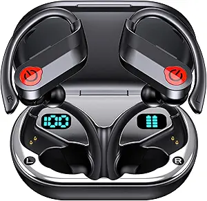 EUQQ Wireless Bluetooth Earbuds – 120H Battery Life, Bluetooth 5.3, Over-Ear Sports Headphones with Earhooks, Waterproof, LED Display – Black
