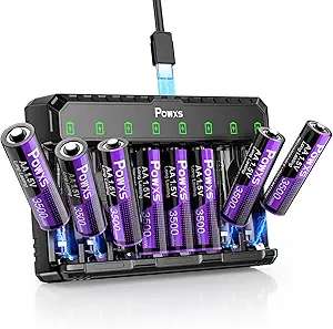 POWXS 8-Pack Rechargeable Lithium AA Batteries with Charger – 3500mAh Capacity, 2000 Charge Cycles, Fast USB-C Charging Station, Compatible with Blink Cameras, Game Controllers, and More (Includes AA & AAA Lithium Batteries)