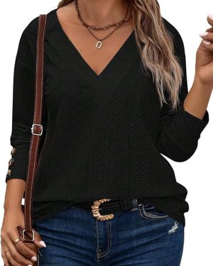 Eytino Women's Plus Size V-Neck Lace Embroidered Blouse – Casual Long Sleeve Button-Down Top with Hollow Out Detail (Sizes 1X–5X)