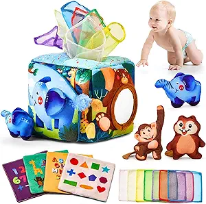 Baby Toys for 6-12 Months – Plush Tissue Box Toy with Stuffed Animals | Montessori-Inspired Sensory & Educational Toy | Developmental Gift for 6, 7, 8, 9, 12 Month Old Boys & Girls | Infant & Toddler Must-Have