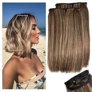 Set of 2 Short Hair Clip-in Extensions for Women – 6-inch Human Hair in Medium Brown and Honey Blonde, Perfect for Adding Volume.