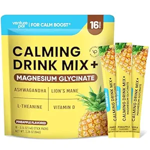 Venture Pal On-The-Go Calming Drink Mix – Sugar-free magnesium supplement blend with Magnesium Glycinate, Ashwagandha, and Lion’s Mane. Supports relaxation and focus, vegan-friendly, non-GMO, with a refreshing pineapple flavor.