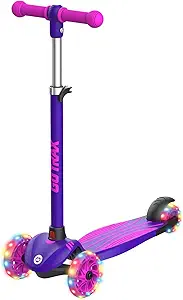 Gotrax KS1 Kids Kick Scooter – Features LED light-up wheels, three adjustable handlebars for customizable height, and a lean-to-steer design. It has a wide, anti-slip deck for added stability and is perfect for boys and girls ages 2 to 8, supporting up to 110 lbs.