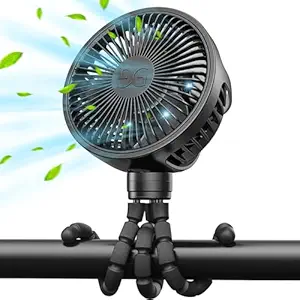 GUSGU Clip-On Stroller Fan – Portable Mini Fan with Flexible Tripod & Rechargeable Battery, Personal Handheld Fan for Travel, Car, and Baby Use (Black)