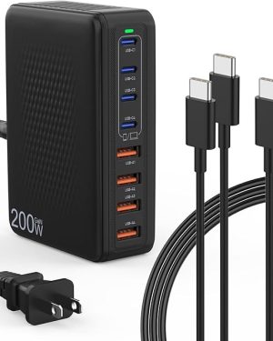 200W USB-C Charger Block – 8-Port USB-C Charging Station with 2× 3FT Type-C to Type-C Fast Charging Cables, GaN Technology, Multi-Port USB-C & USB-A Wall Charger for iPhone 16/15, Steam Deck, MacBook Pro/Air, iPad Pro, and More