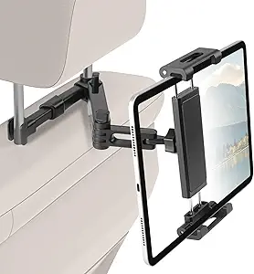 Kairiyard 3-in-1 Adjustable Car Headrest Tablet Holder – Extension Arm for Back Seat Use, Perfect Road Trip Essential. Compatible with iPad Pro, Air, Mini, and Devices from 4.7 to 11 Inches.
