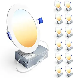Ensenior 12-Pack 6-Inch LED Recessed Ceiling Lights – Dimmable, 2700K-5000K 5-Color Selectable, 1200 Lumens, 12W, 120V, High-Brightness Canless Wafer Downlights – ETL, FCC & IC Certified