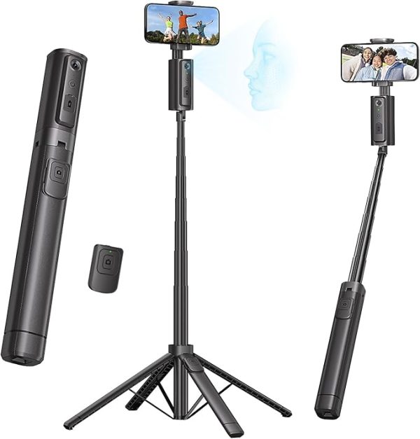 67" Auto Face Tracking Phone Tripod – 360° Rotating Stand with Bluetooth Remote, Adjustable Phone Holder, and Smart Motion Tracking for iPhone. Perfect for Vlogging, Live Streaming, Video Calls, and Content Creation.