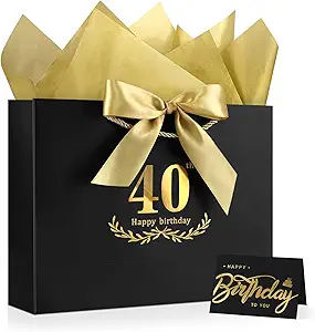 JMANNI Black & Gold 40th Birthday Gift Bag with Card and Tissue Paper – 12.6"×9.84"×3.9" Elegant Present Bag for Adults | 40th Birthday Keepsake & Party Supplies