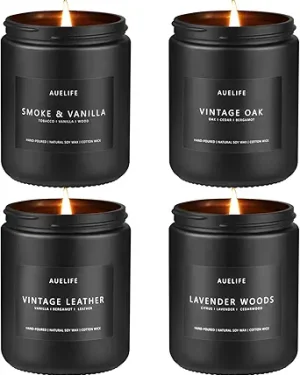 Men’s Scented Candle Set – 4-Pack Aromatherapy Gift Set for Home, Dad, or Father’s Day | Soy Candles in Leather, Smoke & Vanilla, Oak, and Lavender Scents