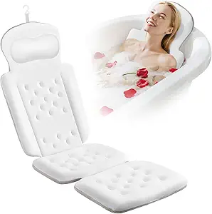 Luxury Full-Body Bath Pillow – 51" x 16", White, with 192 Suction Cups for Secure Grip, Head & Neck Support, and Included Laundry Bag