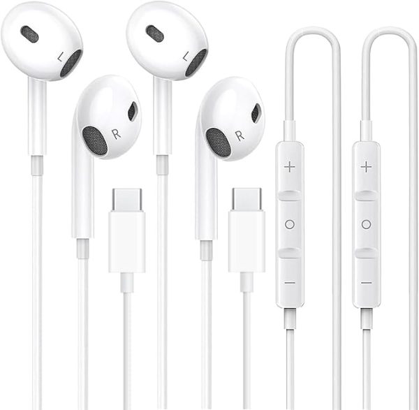 2-Pack USB-C Headphones for iPhone 16/15 & iPad Pro – Wired Type-C Earphones with Microphone and Volume Control – Compatible with Apple, Google Pixel 8/7/6A/5, Samsung S24/S23/S22/S21/S20, A55, and More