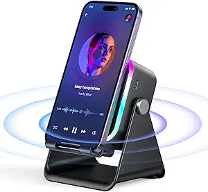 5-in-1 Wireless Induction Bluetooth Speaker with Phone Stand – Compatible with iPhone and Android, this multifunctional device features a wireless speaker, amplifier, phone stand, and colorful rechargeable LED lights. Perfect as a birthday gift for men, women, and teens. Available in sleek black.