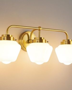 3-Light Gold Bathroom Vanity Light Fixture – 17-Inch Modern Design with Milky White Glass Shades, E26 60W Bulb Compatible, Perfect for Bathroom Mirrors and Restrooms