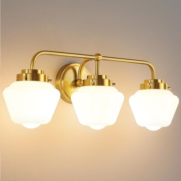 3-Light Gold Bathroom Vanity Light Fixture – 17-Inch Modern Design with Milky White Glass Shades, E26 60W Bulb Compatible, Perfect for Bathroom Mirrors and Restrooms
