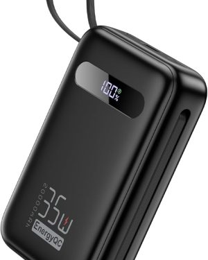 EnergyQC Power Bank – 20,000mAh Capacity with 35W PD 3.0 & QC 4.0 Fast Charging. Portable Charger Featuring Built-in Lightning and USB-C Input/Output Cables. Compatible with iPhone 16/15/14 Series, Galaxy, iPad, AirPods, and More. Sleek Black Design.