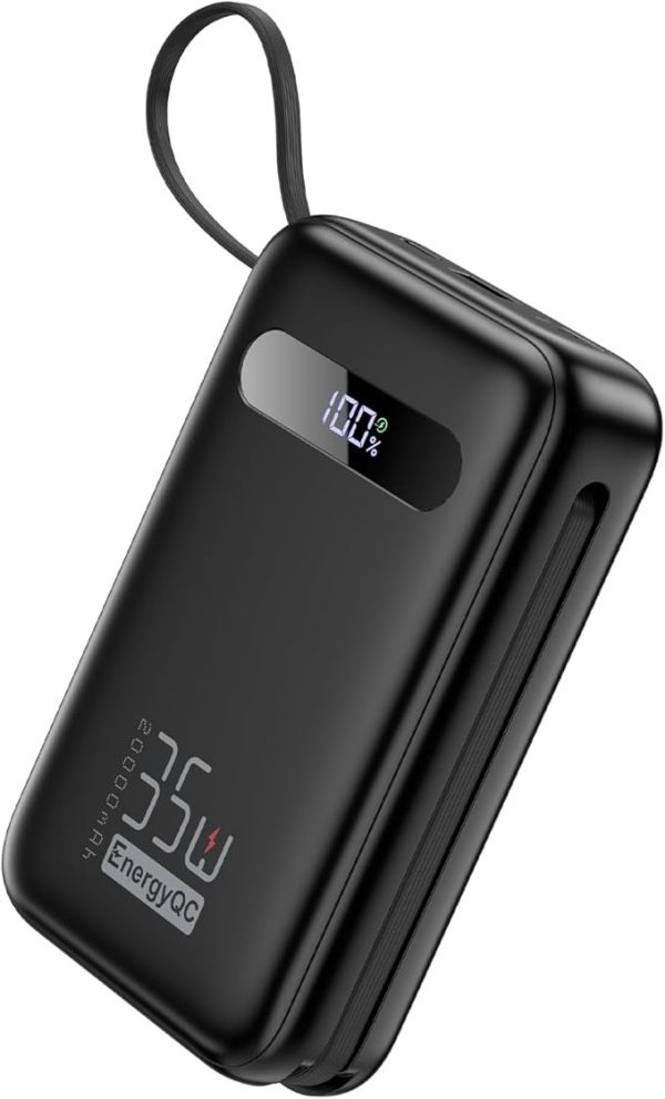 EnergyQC Power Bank – 20,000mAh Capacity with 35W PD 3.0 & QC 4.0 Fast Charging. Portable Charger Featuring Built-in Lightning and USB-C Input/Output Cables. Compatible with iPhone 16/15/14 Series, Galaxy, iPad, AirPods, and More. Sleek Black Design.