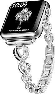 Elegant Dainty Heart Bands for Apple Watch (38mm, 40mm, 41mm, 42mm) — Adjustable Silver Bling Metal Strap for Women’s iWatch Series 1 through 10 and SE