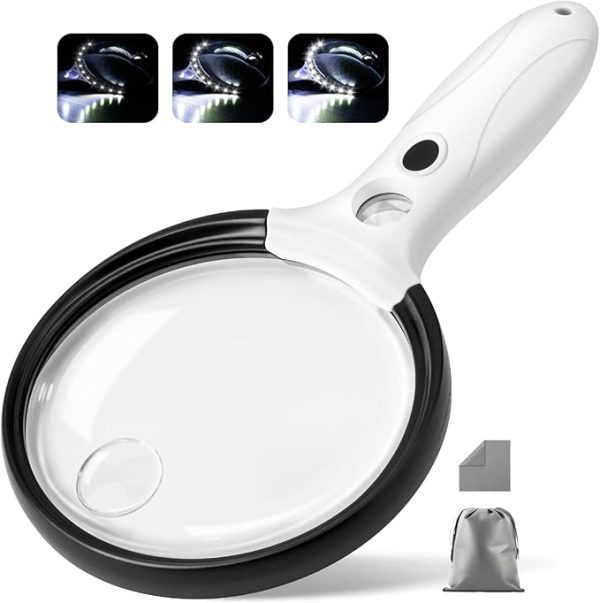 Large Handheld Magnifying Glass with LED Light – 10X, 25X, 45X Magnification