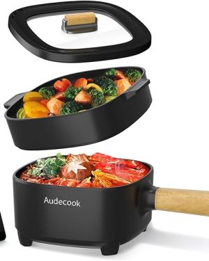 Audecook 2L Electric Hot Pot with 8-Inch Ceramic Glaze Non-Stick Frying Pan – Portable Travel Cooker for Ramen, Steak, Fried Rice, Oatmeal, and Soup – Features Dual Power Control and Includes Silicone Spatula