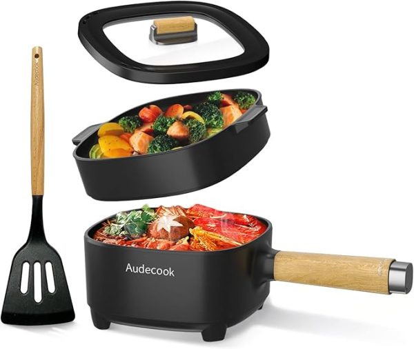 Audecook 2L Electric Hot Pot with 8-Inch Ceramic Glaze Non-Stick Frying Pan – Portable Travel Cooker for Ramen, Steak, Fried Rice, Oatmeal, and Soup – Features Dual Power Control and Includes Silicone Spatula