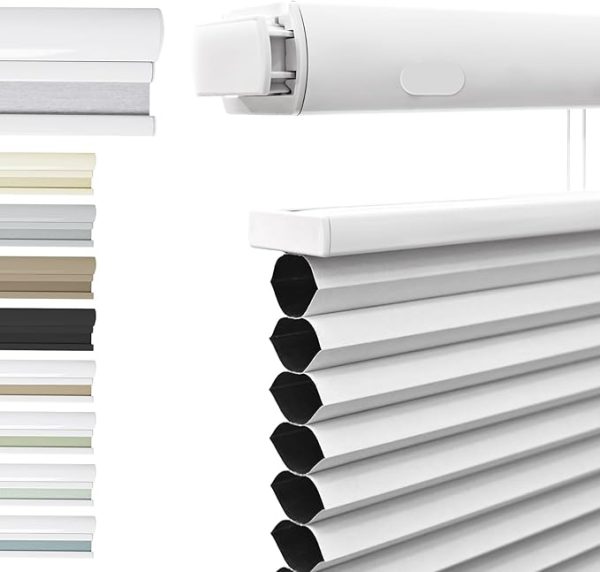 Blackout Top-Down/Bottom-Up Cellular Window Blinds – No Drill, 1.5" Single-Cell Honeycomb Shades – Easy to Install, Blackout White, 20" W x 36" H
