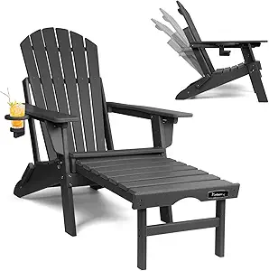 FUNBERRY Adjustable Folding Adirondack Chair with Built-In Retractable Ottoman and Cup Holder – All-Weather Outdoor Fire Pit Seating