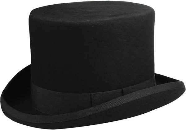 GEMVIE Men’s 100% Wool Black Top Hat – Mad Hatter Style, Satin Lined, Low Crown, Perfect for Parties