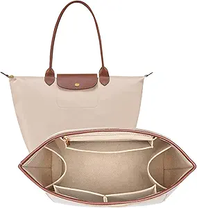 Felt Purse Organizer Insert for Longchamp Le Pliage L Handbag – Large Beige with Leather Edged Details