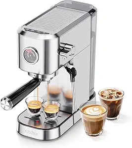 20-Bar Espresso Machine – Compact Stainless Steel Coffee Maker with Milk Frother, 42oz Water Tank, and Visible Pressure Gauge for Cappuccino & Latte – Perfect for Home and Office – Silver