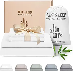 TWK Luxury Bedding Set – 100% Organic Bamboo Viscose, Silky Soft, Breathable & Cooling Sheets with Pillowcases (Queen, White)