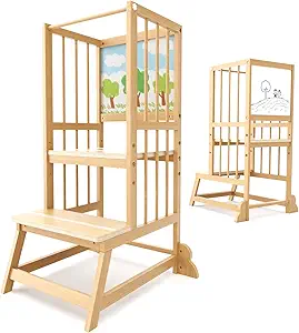 Kitchen Tower Toddler Standing Stool – Adjustable Height, Heavy-Duty Wooden Step Stool with Non-Slip Safety Design – Perfect for Kids in the Kitchen or Bathroom (Wood Finish)
