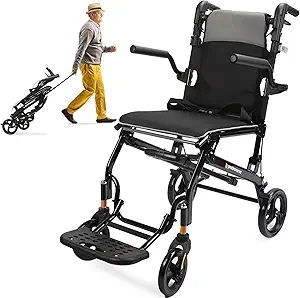 Ultra-Lightweight Adult Wheelchair – Only 19.4 lbs | Foldable & Portable Transport Chair with Telescopic Handle | Easy Travel & Transfer Wheelchair for Seniors (Grey)